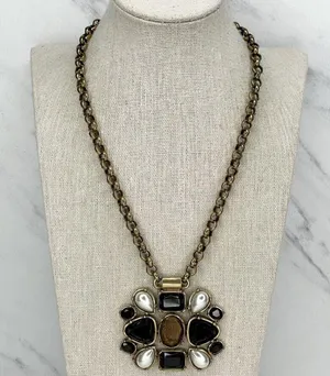 Chico's Gold Tone Rhinestone Faux Pearl Statement Pendant Necklace ✨ thumbnail 1