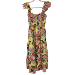 By The River‎ Fruit Print Smocked Midi Dress L Watermelon Lemon Ruffle Tiered thumbnail 2