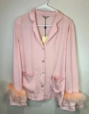 JAYLEY Pink Awilix Day to Night Feather‎ Trim Silk Sleep Trim Long Sleeve Blouse thumbnail 1