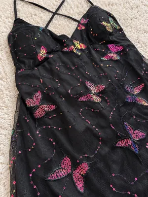 Lulus Social Sweetheart Sequin Butterfly Lace-Up Mini Dress – Black/Pink – L thumbnail 10