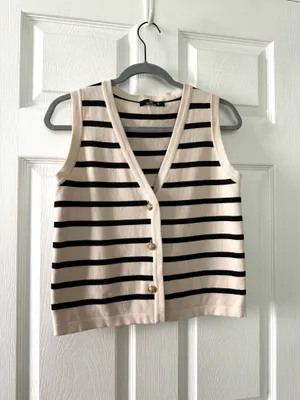 Striped Sweater Button Up Sweater Vest Tan Size XS thumbnail 7