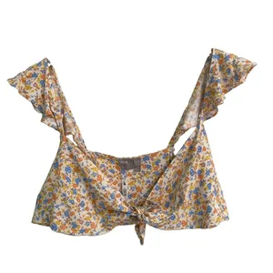 ASOS‎ Micro Floral Crop Tie Front Top Women's 8 Dainty Ruffle Sleeves Resort NEW thumbnail 5