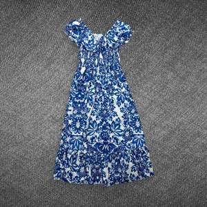 Blue White Floral Smocked Puff Sleeve Maxi Dress Size M thumbnail 6