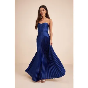Lulus Elkay Navy Blue Pleated Satin Drop Waist Maxi Dress Formal Glam XS NWT thumbnail 3