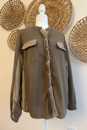 Button Front Waffle Knit Shacket in Olive Brown Size XL thumbnail 1