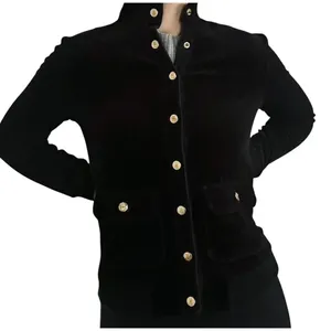 LAUREN Ralph Lauren Velour Bomber Jacket Crest Gold‎ Button Black Size M thumbnail 1