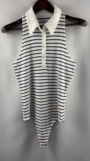 Women’s Abercrombie & Fitch Large White & Black Striped Bodysuit thumbnail 1