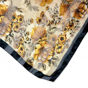 Vintage Black Gold Floral Stripe Square Sheer Fashion Scarf thumbnail 2
