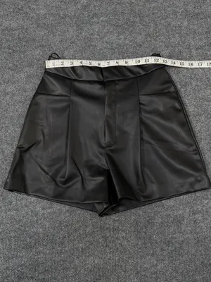 Zara Black Faux Leather high-waisted black tailored pleated shorts thumbnail 2