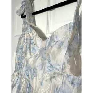 Lulus White Baby Blue Floral Burnout Tie-Strap Sweetheart Midi Dress Size M thumbnail 7