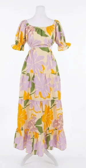 NWT Sabo Skirt Poppi Floral Cutout Tiered Maxi Dress Lavender‎ Orange Medium thumbnail 1