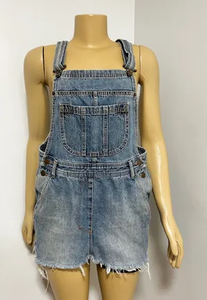 HM Trend Blue Denim Overall‎ Dress Distressed Frayed Hem Womens Size 6 Jumper thumbnail 1