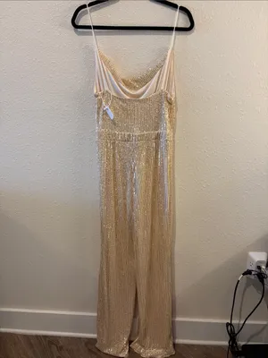 NWT SHEIN Champagne Sequin Cowl-Neck Jumpsuit thumbnail 3
