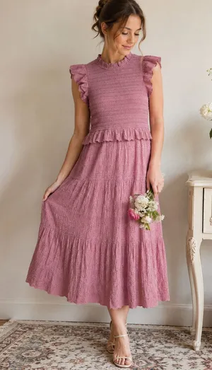Sea New York 100% Cotton Pink Ingrid Smocked Ruffle Eyelet Midi Dress Size 2 thumbnail 1