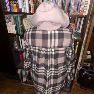 American Eagle pink plaid M cozy fleece hood shacket thumbnail 2