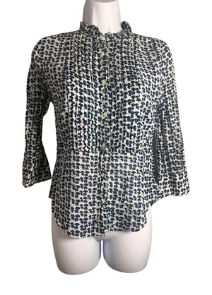 J.Crew Mushroom Print Pintuck Pleated Button‎ Front Blouse Navy White Y2K 82254 thumbnail 1