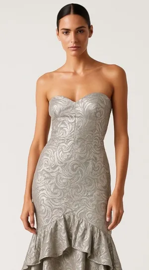 TD4 By Eletra Silver Metallic Strapless Ruffle Wedding Bridesmaid Gown Dress OS thumbnail 1