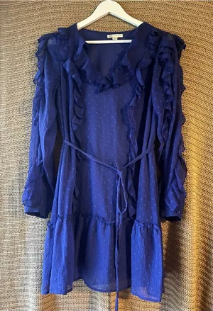 Cato Royal Blue Ruffle Long-Sleeve Tie-Waist Dress thumbnail 1