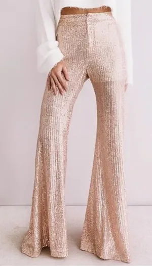 Impressions Sequins Tan & Gold Palazzo Flair Hem Pants L thumbnail 1