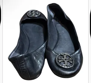 Tory Burch Black Leather Ballet Flats with Crystal Logo Medallion thumbnail 3
