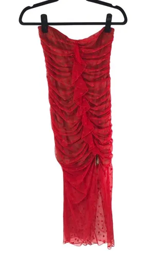 Majorelle Dress Strapless Ruched Sheer Overlay Polka Dot Red M thumbnail 1
