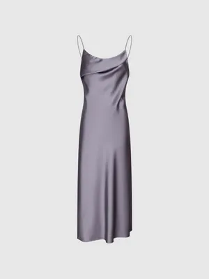Satin Slip Midi Dress with Draped Cowl in Lavender thumbnail 2