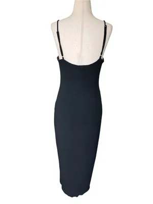 Blanc black ribbed-knit midi dress with asymmetric curved row of front buttons thumbnail 6