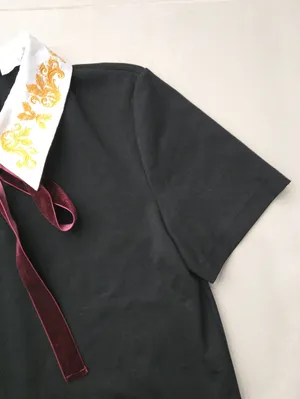 Zara Black Dress with Embroidered White Collar and Burgundy Ribbon Size M thumbnail 6