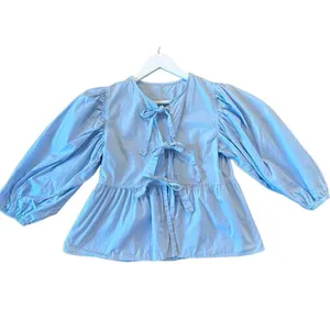 Blue cotton puff sleeve tie front fashion top size M thumbnail 2