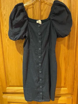 Rachel Parcell Square Neck Button Front Puff Sleeve Linen Dress Dark Blue XS thumbnail 3
