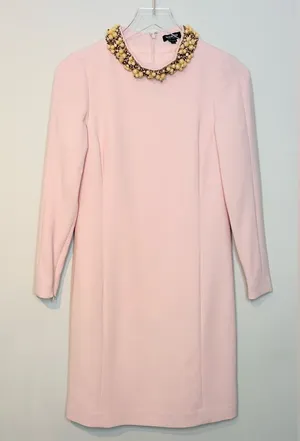Worth Blush Pastel Pink Beaded Collar Wool Blend Shift Long Sleeve Dress thumbnail 1