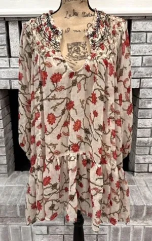 Free People Women's Keeping Up With Kara Floral Tunic Top Ivory Red Size Medium‎ thumbnail 1