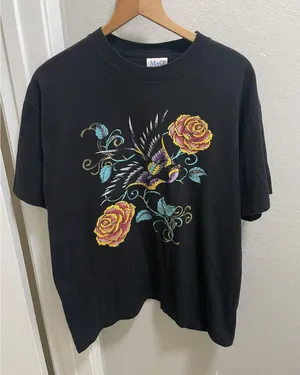 Vintage Y2K Ed Hardy Style Sparrow and Rose Grunge Shirt L thumbnail 1