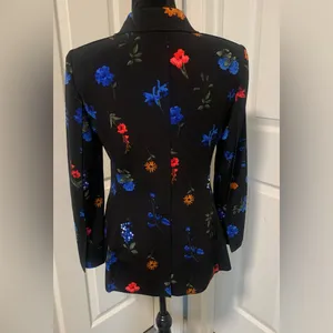 T Tahari Black Floral Blazer Colorful Blue Red Orange Flower Print Tailored Jacket thumbnail 4
