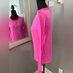 Bibi Hot Pink Barbiecore Crochet Trim Henley Size Small. thumbnail 3