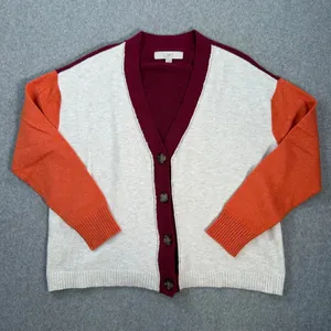 LOFT Colorblock Knit Cardigan Sweater Women's X-Small Button Front Burgundy thumbnail 1