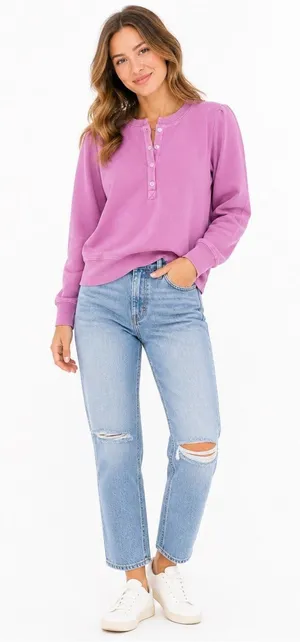 Evereve‎ Pink Button-Front Henley Sweatshirt Size M thumbnail 1