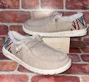 Pre-Owned Hey Dude Wendy Funk Wool Beige Canva Slip On Faux Fur Shoe Size 9 Casu thumbnail 1