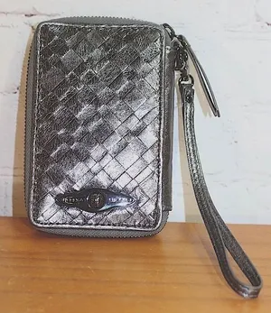 Elliott Lucca Wristlet Genuine Woven Leather Pewter Metallic Like New Condition thumbnail 1