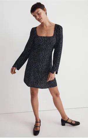 NWT Madewell Seamed Long Sleeve Mini Dress Ditsy Floral Black Size 8 thumbnail 1