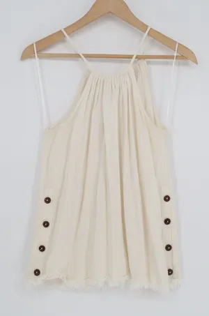 Promesa Beach Mini Dress Womens Medium White Halter Neck Raw Hem Button Details thumbnail 1