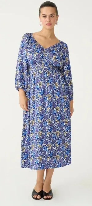 J. Crew V-neck Midi Dress in Fête Floral Print Blue Satin Long Sleeves Medium thumbnail 1