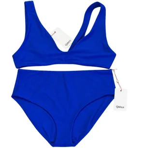 Quince Italian Fabric Plunge Bikini In Electric Blue Size Large New with Tags thumbnail 1