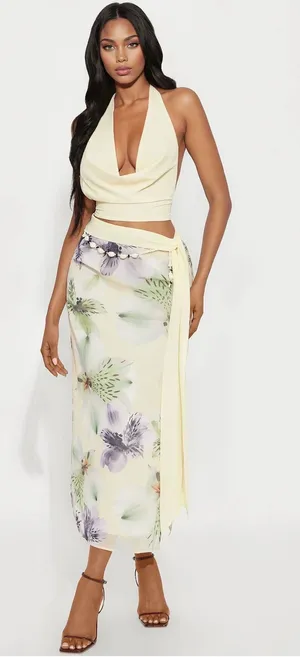 Light Yellow Halter Swim Top with Floral Sarong thumbnail 1