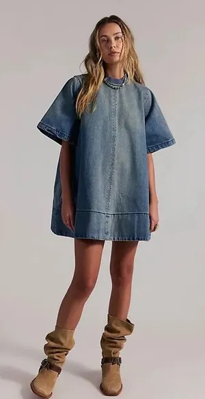 Free People Harlow Blue Denim Short Sleeve Shift A-Line Mini Dress Size XS thumbnail 1