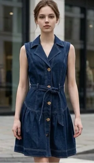 Tahari Dark Blue Denim Sleeveless Button Dress with Tie Waist thumbnail 1