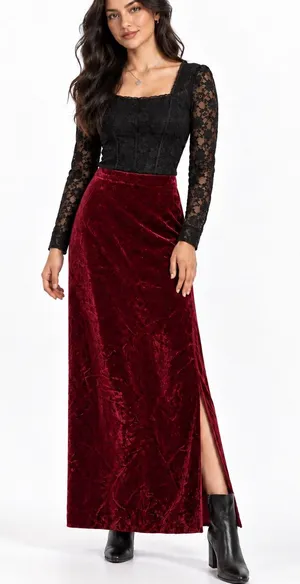 Vintage Alex Colman Burgundy Velvet Maxi Skirt Side Slit Whimsy Goth Y2K Size XS thumbnail 1