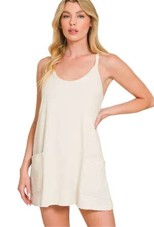 Zenana Romper Dress Built In Shorts Adjustable Straps Bone Small thumbnail 1