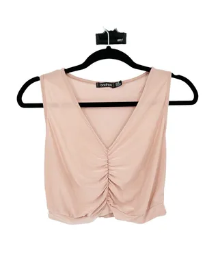 Boohoo Blush Pink Ruched V Neck Sleeveless Y2K Going Out Tank Crop Top Size 12 thumbnail 2