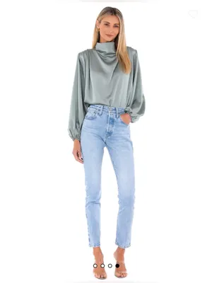 Line & Dot Satin Mock Neck Blouson Top - Sage Green thumbnail 4